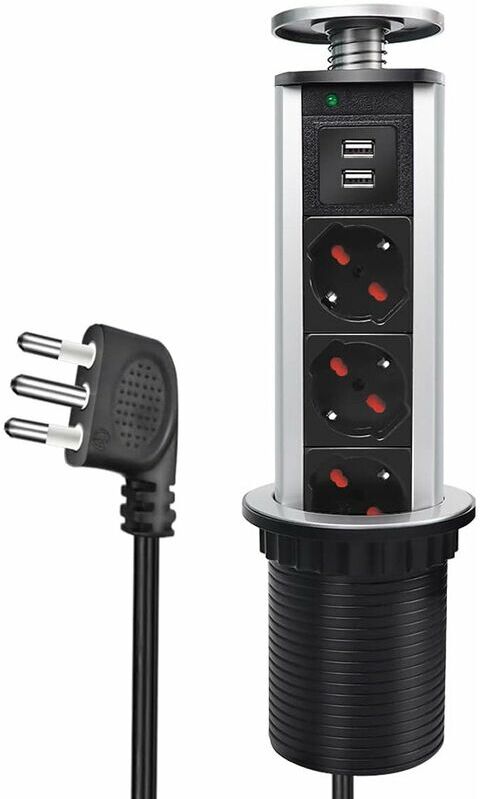 EXTRASTAR - Multipresa da Scrivania a Scomparsa con 2 usb 2,1A 3 Prese Universale 10/16A Torretta da Tavolo Colonnina con Protezione Spina 16A