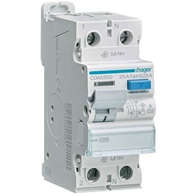 Hager CDA525D - Interruttore differenziale - 2P, 25A, 30mA, Tipo A Hager CDA525D - Interruttore differenziale - 2P, 25A, 30mA, Tipo A