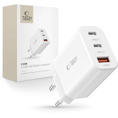 Caricatore di rete Tech-Protect NC30W - 2 USB-C, 1 USB-A, 30W Caricatore di rete Tech-Protect NC30W - 2 USB-C, 1 USB-A, 30W