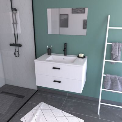 AURLANE - Mobile Da Bagno Sospeso 80 Cm Bianco Con 2 Cassetti, Lavabo E Specchio - Box-in AURLANE - Mobile Da Bagno Sospeso 80 Cm Bianco Con 2 Cassetti, Lavabo E Specchio - Box-in