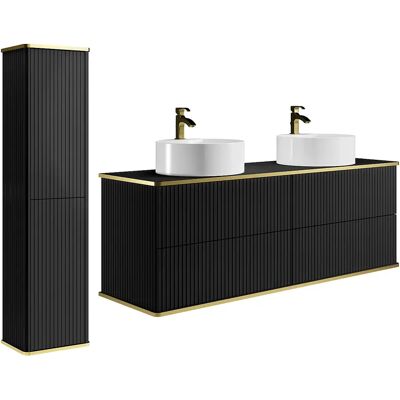 Unique Mobile Bagno Sospeso Scanalato Con Doppio Lavabo Da Appoggio Rotondo E Colonna Nero 120 Cm - Keliza Unique Mobile Bagno Sospeso Scanalato Con Doppio Lavabo Da Appoggio Rotondo E Colonna Nero 120 Cm - Keliza