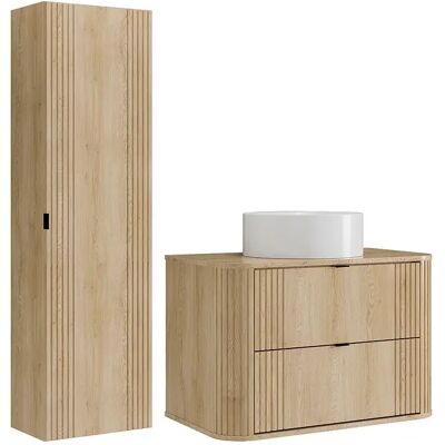 Unique Mobile Bagno Sospeso Con Lavabo Da Appoggio Rotondo E Colonna Naturale Chiaro 80 Cm - Filor Unique Mobile Bagno Sospeso Con Lavabo Da Appoggio Rotondo E Colonna Naturale Chiaro 80 Cm - Filor