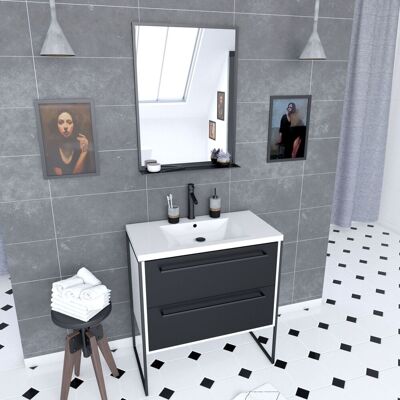 AURLANE - Set Mobile Da Bagno 80x50 Bianco - 2 Cassetti + Lavabo In Resina Bianco + Specchio Nero Opaco AURLANE - Set Mobile Da Bagno 80x50 Bianco - 2 Cassetti + Lavabo In Resina Bianco + Specchio Nero Opaco