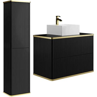 Unique Mobile Bagno Sospeso Scanalato Con Lavabo Da Appoggio Quadrato E Colonna Nero 80 Cm - Keliza Unique Mobile Bagno Sospeso Scanalato Con Lavabo Da Appoggio Quadrato E Colonna Nero 80 Cm - Keliza