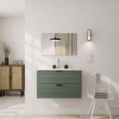 AURLANE Mobile Da Bagno Scanalato Verde E Nero, 80 Cm - 2 Cassetti, Lavabo E Specchio - Malo AURLANE Mobile Da Bagno Scanalato Verde E Nero, 80 Cm - 2 Cassetti, Lavabo E Specchio - Malo