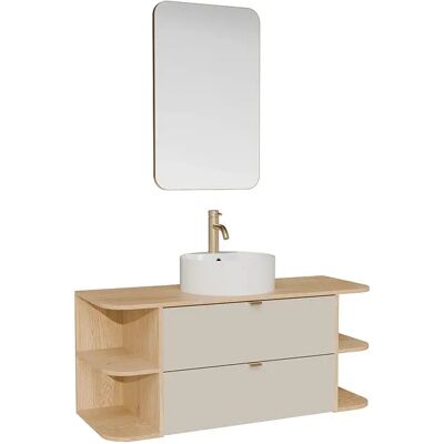 Unique Mobile Lavabo Sospeso Con Nicchie, Lavabo Da Appoggio Tondo, Rubinetto E Specchio Beige E Naturale Chiaro 120 Cm - Lavena Unique Mobile Lavabo Sospeso Con Nicchie, Lavabo Da Appoggio Tondo, Rubinetto E Specchio Beige E Naturale Chiaro 120 Cm - Lavena