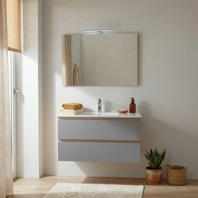 KIAMAMI VALENTINA Mobile Bagno Sospeso 90 Cm Con 2 Cassetti Rovere Well E Frontali Grigio Antracite, Lavabo, Specchio E Lampada Budapest KIAMAMI VALENTINA Mobile Bagno Sospeso 90 Cm Con 2 Cassetti Rovere Well E Frontali Grigio Antracite, Lavabo, Specchio E Lampada Budapest