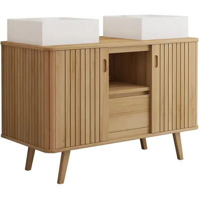 Unique Mobile Bagno Con Piedi In Teak E Doppio Lavabo Quadrato Da Appoggio In Ceramica 120 Cm - Wamena Unique Mobile Bagno Con Piedi In Teak E Doppio Lavabo Quadrato Da Appoggio In Ceramica 120 Cm - Wamena