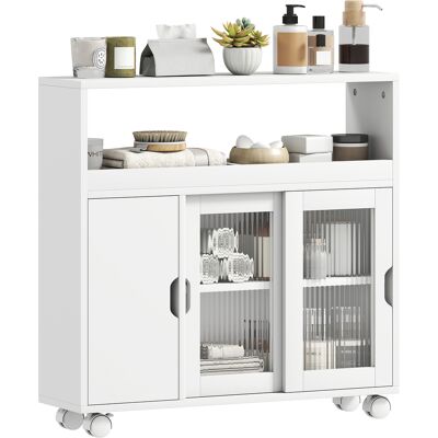OEM Mobile Per Bagno A Rotelle In Legno Con Spazio Aperto, Ripiani Regolabili E Ante In Vetro, 71x20x70 Cm, Bianco OEM Mobile Per Bagno A Rotelle In Legno Con Spazio Aperto, Ripiani Regolabili E Ante In Vetro, 71x20x70 Cm, Bianco