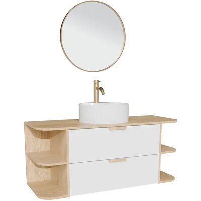 Unique Mobile Per Lavabo Sospeso Con Nicchie, Lavabo Da Appoggio Rotondo, Rubinetto E Specchio Bianco E Naturale Chiaro L120 Cm - Avoreli Unique Mobile Per Lavabo Sospeso Con Nicchie, Lavabo Da Appoggio Rotondo, Rubinetto E Specchio Bianco E Naturale Chiaro L120 Cm - Avoreli