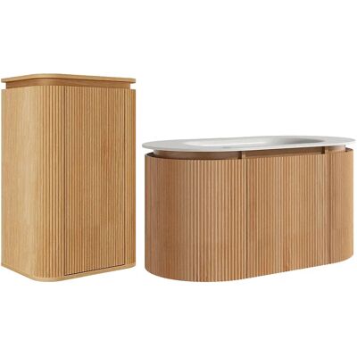 Unique Mobile Bagno Sospeso Scanalato In Legno Di Frassino Con Lavabo Da Incasso E Colonna Naturale Chiaro 90 Cm - Liliko Unique Mobile Bagno Sospeso Scanalato In Legno Di Frassino Con Lavabo Da Incasso E Colonna Naturale Chiaro 90 Cm - Liliko