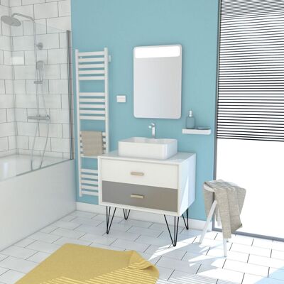 AURLANE Mobile Da Bagno Scandinavo Bianco E Grigio 80cm Con Cassetti, Lavabo Da Appoggio - Specchio AURLANE Mobile Da Bagno Scandinavo Bianco E Grigio 80cm Con Cassetti, Lavabo Da Appoggio - Specchio