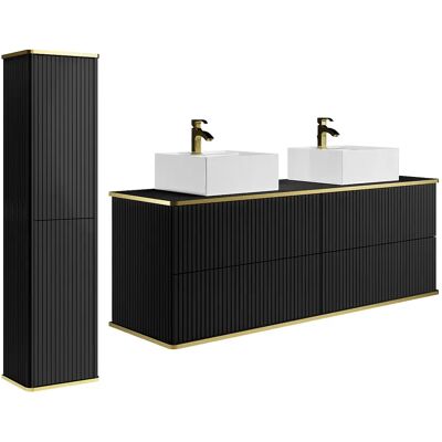 Unique Mobile Bagno Sospeso Scanalato Con Doppio Lavabo Da Appoggio Quadrato E Colonna Nero 120 Cm - Keliza Unique Mobile Bagno Sospeso Scanalato Con Doppio Lavabo Da Appoggio Quadrato E Colonna Nero 120 Cm - Keliza