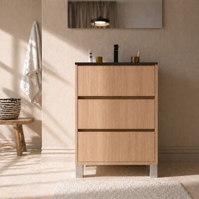 AURLANE Set Mobile Bagno 50cm Rovere Chiaro 3 Cassetti Con Lavabo In Ceramica Nera- Xenos AURLANE Set Mobile Bagno 50cm Rovere Chiaro 3 Cassetti Con Lavabo In Ceramica Nera- Xenos