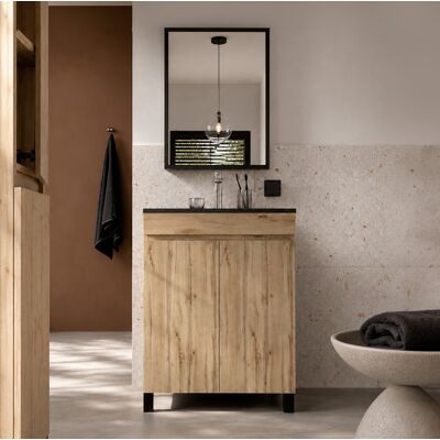 AURLANE Set Mobile Bagno 50cm Finitura Rovere 2 Ante, Lavabo Nero E Specchio 50x70cm Con Telaio Nero AURLANE Set Mobile Bagno 50cm Finitura Rovere 2 Ante, Lavabo Nero E Specchio 50x70cm Con Telaio Nero