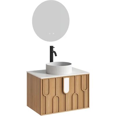 Unique Mobile Bagno Testurizzato Sospeso Con Lavabo Da Appoggio Rotondo Scanalato, Rubinetto E Specchio Naturale Chiaro L75 Cm - Merkan Unique Mobile Bagno Testurizzato Sospeso Con Lavabo Da Appoggio Rotondo Scanalato, Rubinetto E Specchio Naturale Chiaro L75 Cm - Merkan