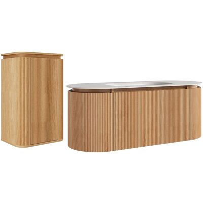 Unique Mobile Bagno Sospeso Scanalato In Legno Di Frassino Con Lavabo Da Incasso E Colonna Naturale Chiaro 120 Cm - Liliko Unique Mobile Bagno Sospeso Scanalato In Legno Di Frassino Con Lavabo Da Incasso E Colonna Naturale Chiaro 120 Cm - Liliko