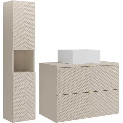 Unique Mobile Bagno Sospeso A Listelli Con Lavabo Da Appoggio Quadrato E Colonna Beige 80 Cm - Dorioni Unique Mobile Bagno Sospeso A Listelli Con Lavabo Da Appoggio Quadrato E Colonna Beige 80 Cm - Dorioni