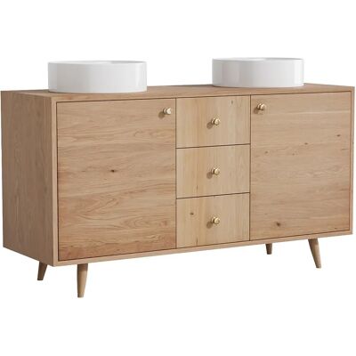 Unique Mobile Bagno In Rovere Massello Con Lavabo Da Appoggio Rotondo Naturale Chiaro 145 Cm - Zareno Unique Mobile Bagno In Rovere Massello Con Lavabo Da Appoggio Rotondo Naturale Chiaro 145 Cm - Zareno