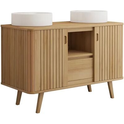Unique Mobile Bagno Con Piedi In Teak E Doppio Lavabo Da Appoggio Rotondo In Ceramica 120 Cm - Wamena Unique Mobile Bagno Con Piedi In Teak E Doppio Lavabo Da Appoggio Rotondo In Ceramica 120 Cm - Wamena