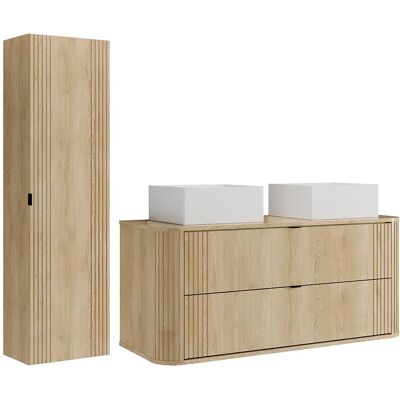 Unique Mobile Bagno Sospeso Con Doppio Lavabo Da Appoggio Quadrato E Colonna Naturale Chiaro 120 Cm - Filor Unique Mobile Bagno Sospeso Con Doppio Lavabo Da Appoggio Quadrato E Colonna Naturale Chiaro 120 Cm - Filor