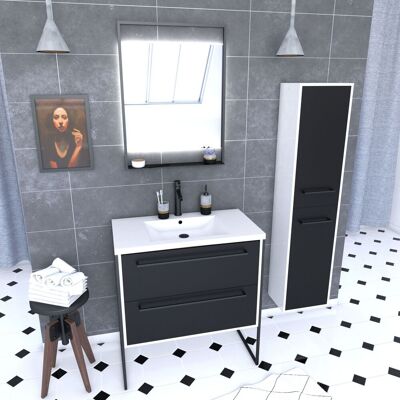 AURLANE - Mobile Da Bagno 80 Cm, Lavabo Bianco, Specchio Led E Colonna - Bianco E Nero - Structura AURLANE - Mobile Da Bagno 80 Cm, Lavabo Bianco, Specchio Led E Colonna - Bianco E Nero - Structura