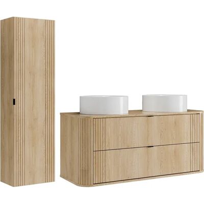 Unique Mobile Bagno Sospeso Con Doppio Lavabo Da Appoggio Rotondo E Colonna Naturale Chiaro 120 Cm - Filor Unique Mobile Bagno Sospeso Con Doppio Lavabo Da Appoggio Rotondo E Colonna Naturale Chiaro 120 Cm - Filor