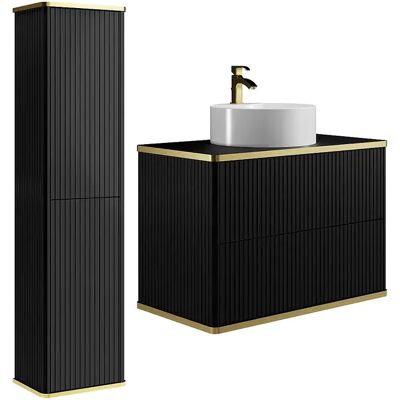 Unique Mobile Bagno Sospeso Scanalato Con Lavabo Da Appoggio Rotondo E Colonna Nero 80 Cm - Keliza Unique Mobile Bagno Sospeso Scanalato Con Lavabo Da Appoggio Rotondo E Colonna Nero 80 Cm - Keliza
