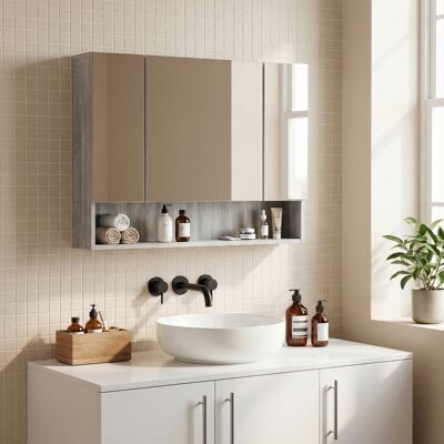 OEM Mobiletto Da Bagno Kleankin A 4 Sezioni Con Ripiani Regolabili, Specchio Da Bagno In Legno E Vetro, 90 X 15 X 75 Cm, Grigio. OEM Mobiletto Da Bagno Kleankin A 4 Sezioni Con Ripiani Regolabili, Specchio Da Bagno In Legno E Vetro, 90 X 15 X 75 Cm, Grigio.