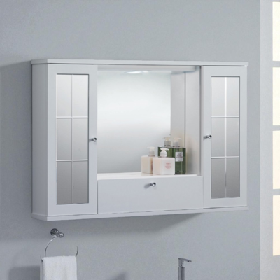 BLUELIFE - Specchiera Mobile Contenitore Da Bagno Mercurio 90 Bianco Lucido A 2 Ante Con Specchi E Luce Led BLUELIFE - Specchiera Mobile Contenitore Da Bagno Mercurio 90 Bianco Lucido A 2 Ante Con Specchi E Luce Led
