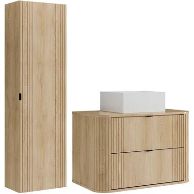 Unique Mobile Bagno Sospeso Con Lavabo Da Appoggio Quadrato E Colonna Naturale Chiaro 80 Cm - Filor Unique Mobile Bagno Sospeso Con Lavabo Da Appoggio Quadrato E Colonna Naturale Chiaro 80 Cm - Filor