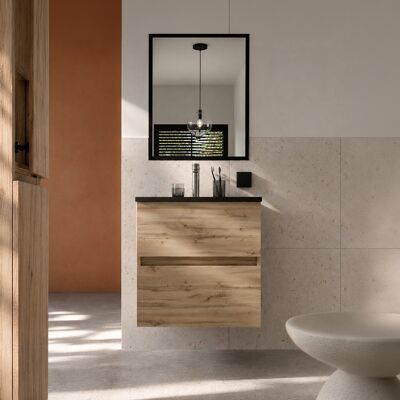 AURLANE Set Mobile Bagno 50cm Finitura Rovere 2 Cassetti, Lavabo Nero E Specchio 50x70cm Con Telaio Nero AURLANE Set Mobile Bagno 50cm Finitura Rovere 2 Cassetti, Lavabo Nero E Specchio 50x70cm Con Telaio Nero