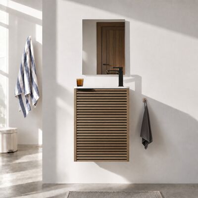AURLANE Set Mobile Da Bagno Salvaspazio Scanalato Legno E Nero 40x50x22 Cm - Lavabo E Specchio - Malo AURLANE Set Mobile Da Bagno Salvaspazio Scanalato Legno E Nero 40x50x22 Cm - Lavabo E Specchio - Malo