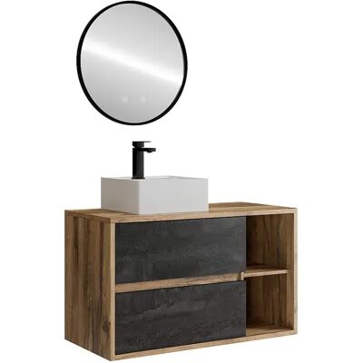 Unique Mobile Bagno Sospeso Con Lavabo Quadrato, Rubinetto E Specchio Naturale E Antracite 100 Cm - Tikitiki Unique Mobile Bagno Sospeso Con Lavabo Quadrato, Rubinetto E Specchio Naturale E Antracite 100 Cm - Tikitiki