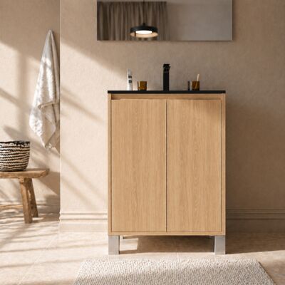 AURLANE Set Mobile Bagno 70cm Rovere Chiaro 2 Ante Con Lavabo In Ceramica Nera - Xenos AURLANE Set Mobile Bagno 70cm Rovere Chiaro 2 Ante Con Lavabo In Ceramica Nera - Xenos
