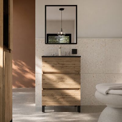 AURLANE Set Mobile Bagno 50cm Finitura Rovere 3 Cassetti, Lavabo Nero E Specchio 50x70cm Con Telaio Nero AURLANE Set Mobile Bagno 50cm Finitura Rovere 3 Cassetti, Lavabo Nero E Specchio 50x70cm Con Telaio Nero