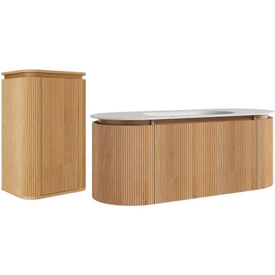 Unique Mobile Bagno Sospeso Scanalato In Legno Di Frassino Con Lavabo Da Incasso E Colonna Naturale Chiaro 120 Cm - Liliko Unique Mobile Bagno Sospeso Scanalato In Legno Di Frassino Con Lavabo Da Incasso E Colonna Naturale Chiaro 120 Cm - Liliko