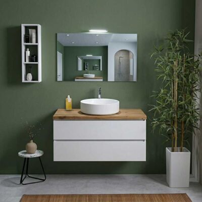 KIAMAMI VALENTINA Mobile Bagno Sospeso 100cm Bianco Export Con Top Rovere Naturale, Specchio E Lampada Berlin KIAMAMI VALENTINA Mobile Bagno Sospeso 100cm Bianco Export Con Top Rovere Naturale, Specchio E Lampada Berlin