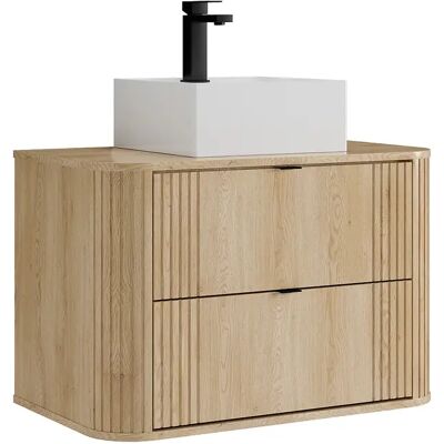 Unique Mobile Bagno Sospeso Con Lavabo Da Appoggio Quadrato E Rubinetto Naturale Chiaro 80 Cm - Filor Unique Mobile Bagno Sospeso Con Lavabo Da Appoggio Quadrato E Rubinetto Naturale Chiaro 80 Cm - Filor
