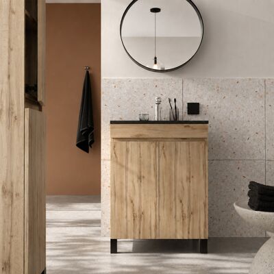 AURLANE Set Mobile Bagno 50cm Rovere Naturale 2 Ante Con Lavabo In Ceramica Nera - Timber AURLANE Set Mobile Bagno 50cm Rovere Naturale 2 Ante Con Lavabo In Ceramica Nera - Timber