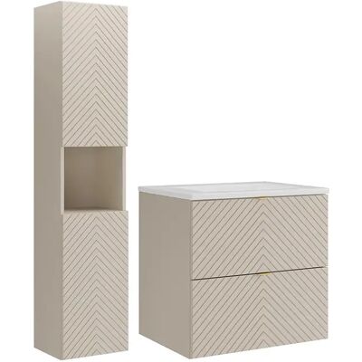 Unique Mobile Bagno Sospeso A Listelli Con Lavabo Da Incasso E Colonna Beige 60 Cm - Dorioni Unique Mobile Bagno Sospeso A Listelli Con Lavabo Da Incasso E Colonna Beige 60 Cm - Dorioni