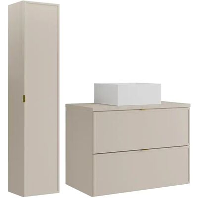 Unique Mobile Bagno Sospeso Con Lavabo Da Appoggio Quadrato E Colonna Beige 80 Cm - Ondil Unique Mobile Bagno Sospeso Con Lavabo Da Appoggio Quadrato E Colonna Beige 80 Cm - Ondil