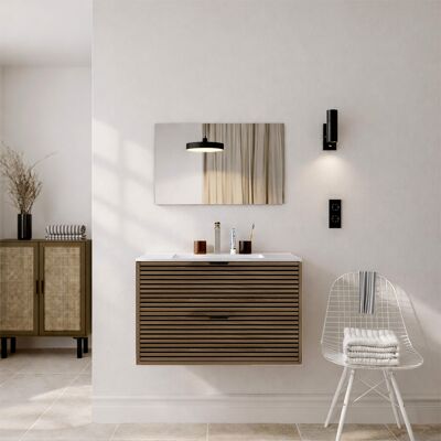 AURLANE Mobile Da Bagno Scanalato Legno E Nero, 80 Cm - 2 Cassetti, Lavabo E Specchio - Malo AURLANE Mobile Da Bagno Scanalato Legno E Nero, 80 Cm - 2 Cassetti, Lavabo E Specchio - Malo