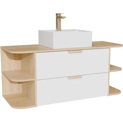 Unique Mobile Per Lavabo Sospeso Con Nicchie, Lavabo Da Appoggio Quadrato E Rubinetto Bianco E Naturale Chiaro L120 Cm - Avoreli Unique Mobile Per Lavabo Sospeso Con Nicchie, Lavabo Da Appoggio Quadrato E Rubinetto Bianco E Naturale Chiaro L120 Cm - Avoreli