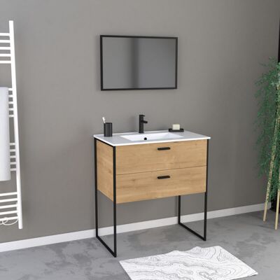 AURLANE Set Mobile Bagno 80x45 Cm Stile Industriale Colore Rovere Naturale - Lavabo Bianco AURLANE Set Mobile Bagno 80x45 Cm Stile Industriale Colore Rovere Naturale - Lavabo Bianco