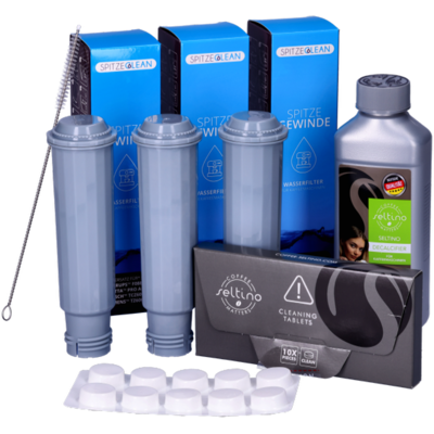 OEM Set Per Macchine Da Caffè Krups, Siemens, Aeg, Bosch, Gaggenau, Melitta, Nivona, Cacoon, Neff: Filtro Spitze Gewinde X3, Compresse Seltino Clean, Decalcificante Seltino 250 Ml, Spazzola Seltino OEM Set Per Macchine Da Caffè Krups, Siemens, Aeg, Bosch, Gaggenau, Melitta, Nivona, Cacoon, Neff: Filtro Spitze Gewinde X3, Compresse Seltino Clean, Decalcificante Seltino 250 Ml, Spazzola Seltino