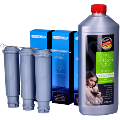 OEM Set Per Macchine Da Caffè Krups, Siemens, Aeg, Bosch, Gaggenau, Melitta, Nivona, Cacoon, Neff: Filtro Spitze Gewinde X3, Decalcificante Seltino 1 L, Spazzola Seltino OEM Set Per Macchine Da Caffè Krups, Siemens, Aeg, Bosch, Gaggenau, Melitta, Nivona, Cacoon, Neff: Filtro Spitze Gewinde X3, Decalcificante Seltino 1 L, Spazzola Seltino