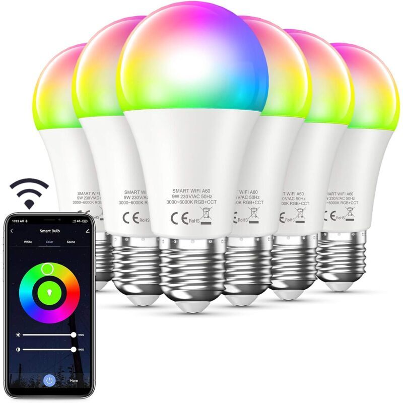 MINKUROW Confezione Da 6], Lampadina Led Smart Wifi E27 9w, Lampadina Cambia Colore Rgb+Cct Con Controllo App, Lampadina Dimmerabile Da Bianco Caldo a Bianco