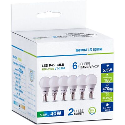 V-TAC - 6 Pz Lampada A Led E14 P45 5,5w Bianco Neutro 4000k Forma Bulbo 180 Gradi 220v Sku-2734 V-TAC - 6 Pz Lampada A Led E14 P45 5,5w Bianco Neutro 4000k Forma Bulbo 180 Gradi 220v Sku-2734