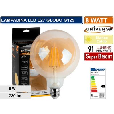 UNIVERSO - Lampadina Led Globo G125 A Filamento Vintage 8w E27 Vetro Ambrato Luce Calda 2600k UNIVERSO - Lampadina Led Globo G125 A Filamento Vintage 8w E27 Vetro Ambrato Luce Calda 2600k